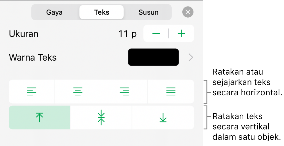 Bagian Tata Letak pada Inspektur format dengan callout pada tombol perataan teks dan spasi.