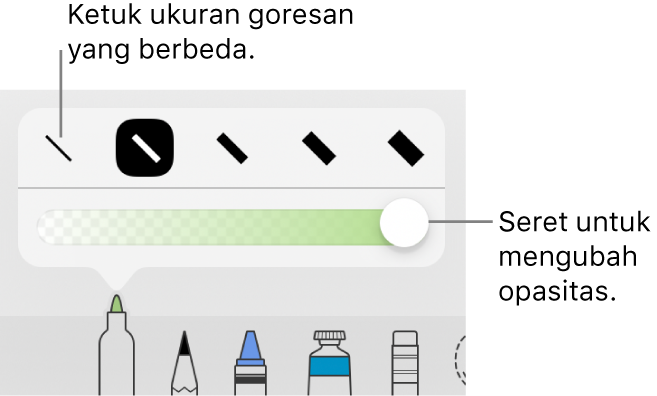 Kontrol untuk memilih ukuran coretan dan penggeser untuk menyesuaikan opasitas.