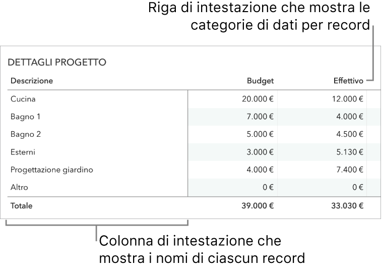 Una tabella impostata correttamente per l'utilizzo dei moduli, con una riga di intestazione che include le categorie dei dati e una colonna di intestazione.