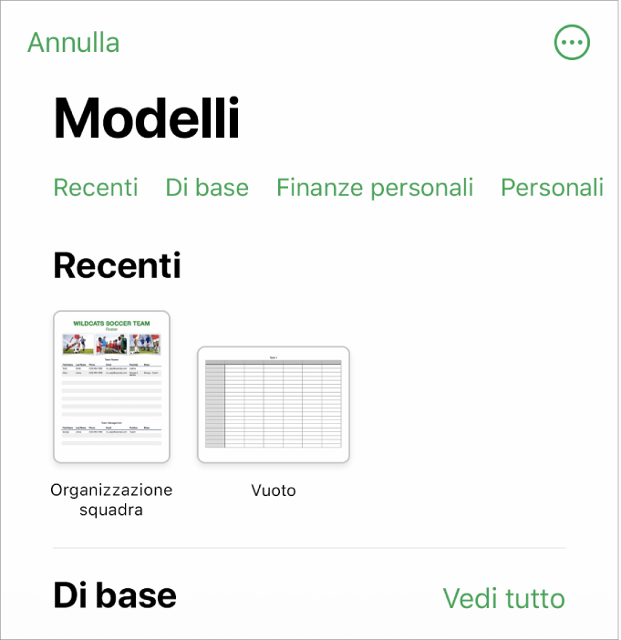 “Scelta modelli”, in cui è visibile una riga di categorie nella parte superiore dello schermo che puoi toccare per filtrare le opzioni. Sotto ci sono delle miniature di modelli con design predefinito disposte in riga per categoria, a partire da Recenti in cima e seguite da “Di base”. Viene visualizzato un pulsante “Vedi tutto” in alto e a destra di ciascuna riga della categoria. Il pulsante relativo a lingua e zona si trova nell'angolo superiore destro.