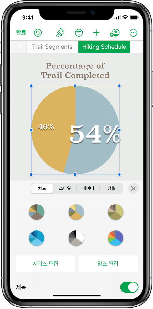 걷기를 완료한 길의 백분율을 표시하는 원형 차트. 시리즈나 차트 참조를 편집하고 차트 제목을 켜거나 끌 수 있는 옵션뿐만 아니라 다양한 차트 스타일을 선택할 수 있는 포맷 메뉴도 열려 있습니다.