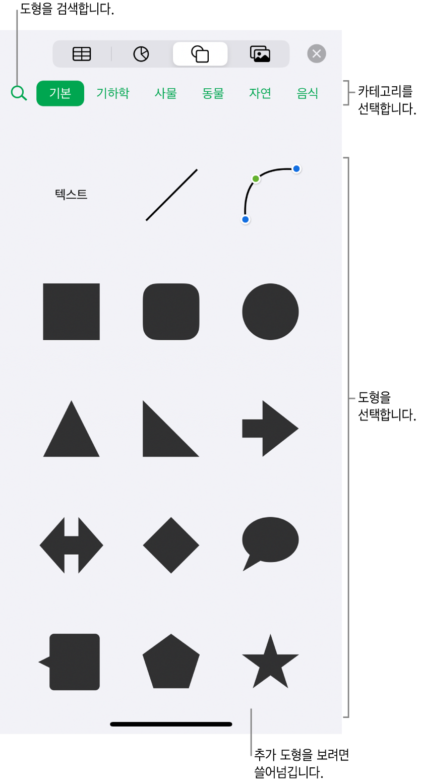 상단에 카테고리가 있고 그 아래에 도형들이 표시된 도형 라이브러리. 상단 검색 필드를 사용하여 도형을 찾고 쓸어넘겨 더 많은 도형을 볼 수 있습니다.