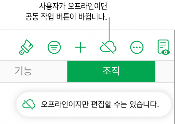 상단에 여러 버튼이 있고 공동 작업 버튼이 대각선이 있는 구름으로 바뀜. ‘오프라인이지만 편집할 수는 있습니다.’라는 경고가 화면에 있음.