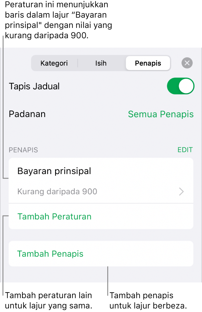 Kawalan untuk menambah peraturan penapisan baru atau mengedit yang sedia ada.