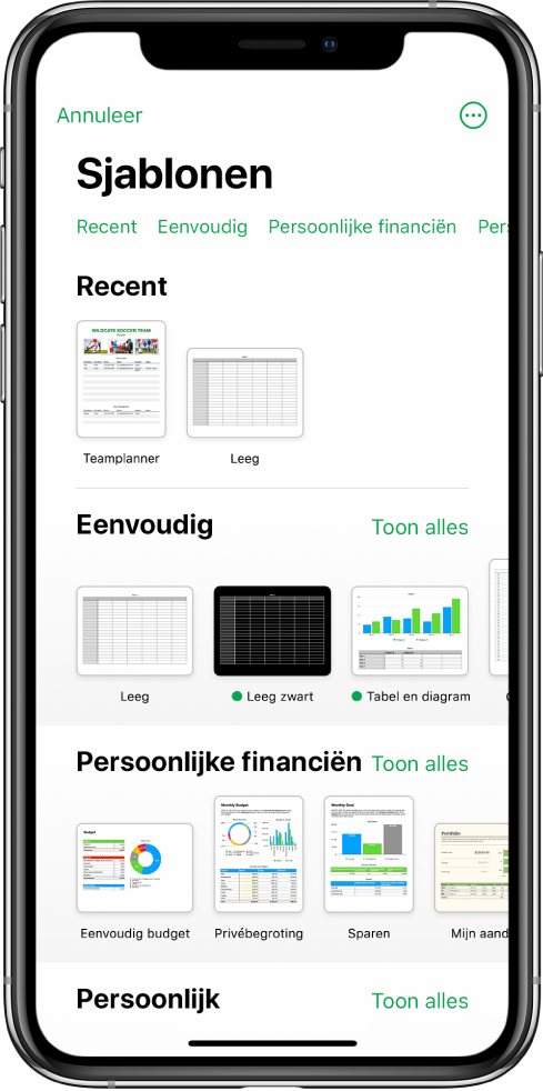 De sjabloonkiezer met bovenin een rij met categorieën waarmee je de beschikbare sjablonen kunt filteren. Daaronder staan miniaturen van vooraf gedefinieerde sjablonen die per categorie zijn gerangschikt. Bovenin staat de categorie 'Recent' en daaronder 'Eenvoudig' en 'Persoonlijke financiën'. Boven elke categorie staat de knop 'Toon alles' (aan de rechterkant). De knop voor de taal en de regio bevindt zich in de rechterbovenhoek.