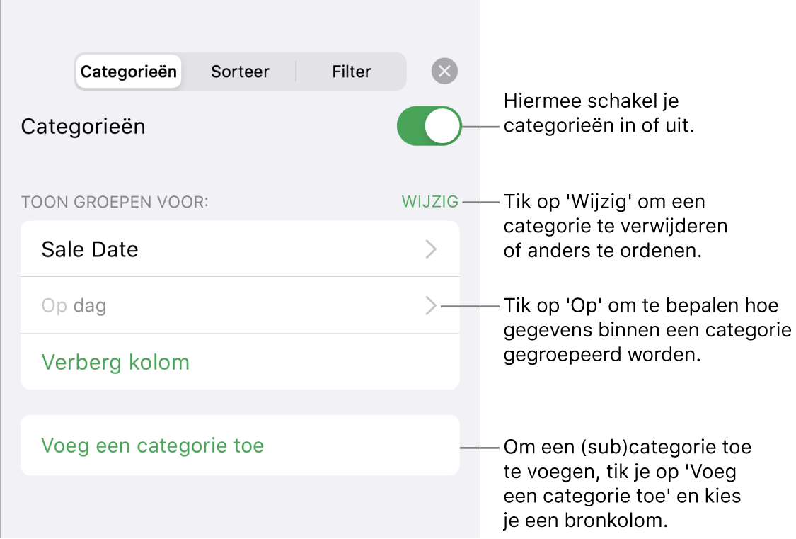 Het menu 'Categorieën' op de iPhone met de volgende opties: categorieën uitschakelen, categorieën verwijderen, gegevens anders groeperen, een bronkolom verbergen en categorieën toevoegen.