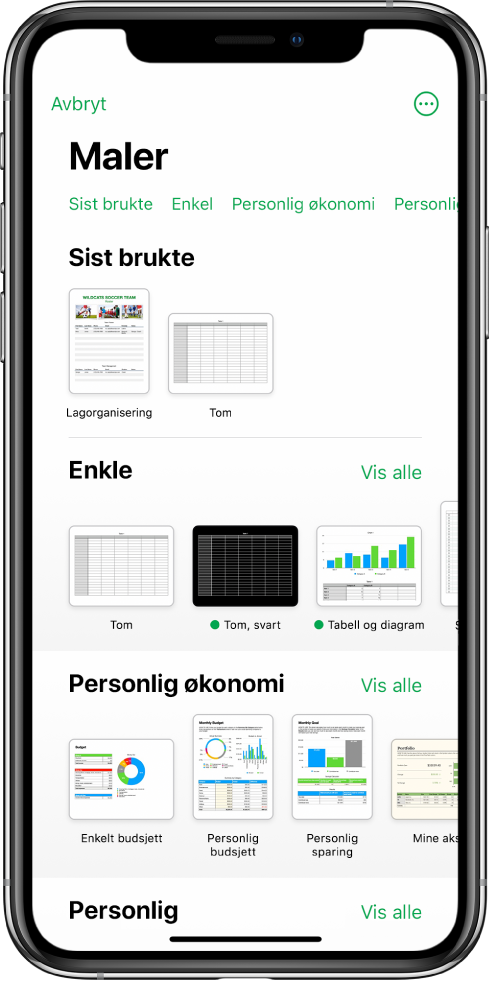 Malvelgeren med en rad med kategorier langs toppen som du kan trykke på for å filtrere alternativene. Nedenfor vises miniatyrbilder av forhåndsdesignede maler arrangert i rader etter kategori, med Sist brukte øverst, etterfulgt av Enkel og Personlig økonomi. En Vis alle-knapp vises over og til høyre for hver kategorirad. Språk og region-knappen er øverst til høyre.