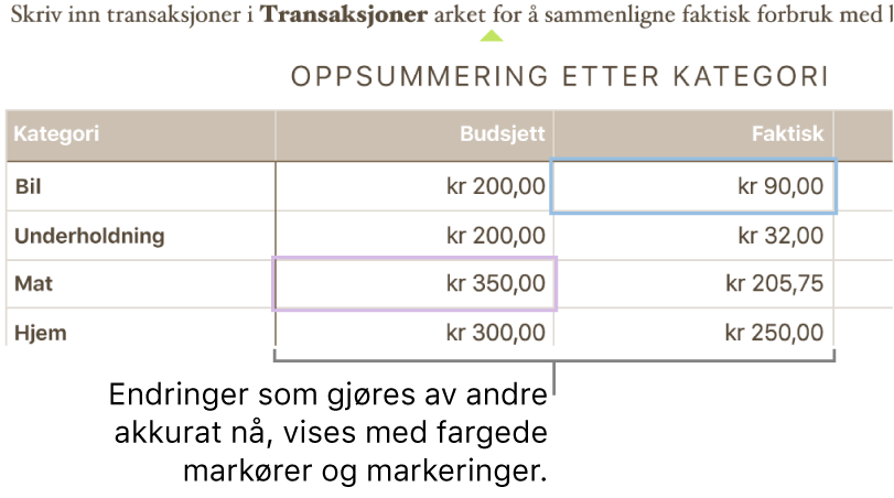 Fargede trekanter under tekst som viser hvor forskjellige samarbeidspartnere redigerer.