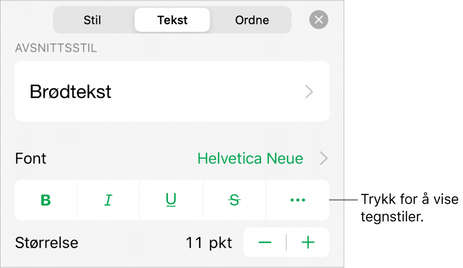 Format-kontrollene med avsnittsstiler øverst, deretter Font-kontroller. Under Font vises Halvfet-, Kursiv-, Understreket-, Gjennomstreket- og Flere tekstvalg-knappene.