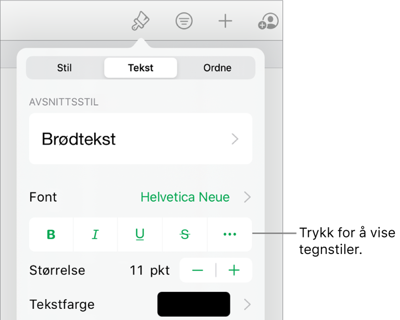 Format-kontrollene med avsnittsstiler øverst, deretter Font-kontroller. Under Font vises Halvfet-, Kursiv-, Understreket-, Gjennomstreket- og Flere tekstvalg-knappene.