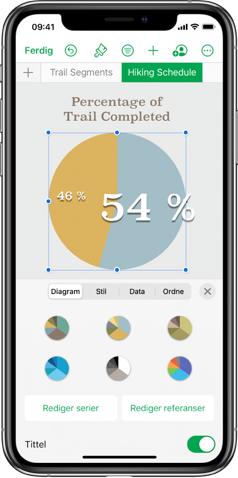 Et sektordiagram som viser prosentandeler over gjennomførte turer. Format-menyen er også åpen og viser ulike diagramstiler som kan velges, samt alternativer for å redigere serien eller diagramreferanser og slå diagramtittelen av eller på.