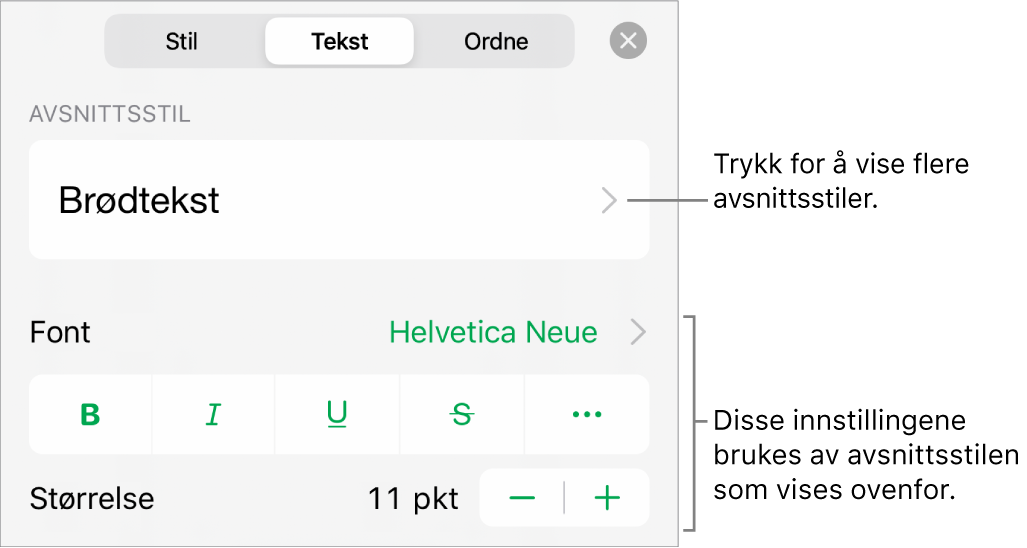 Format-menyen som viser tekstkontroller for å angi avsnitts- og tegnstiler, font, størrelse og farge.