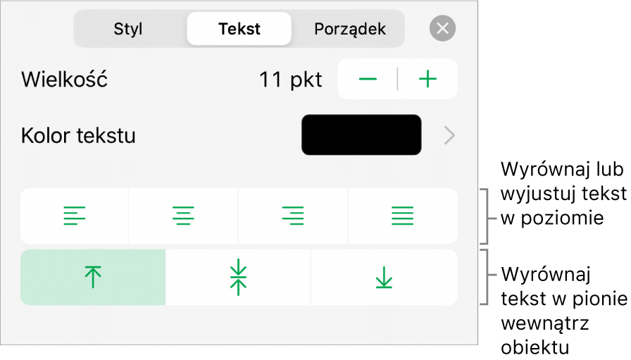 Sekcja Makieta na pasku bocznym Format z opisami wskazującymi przyciski wyrównania i odstępów tekstu.