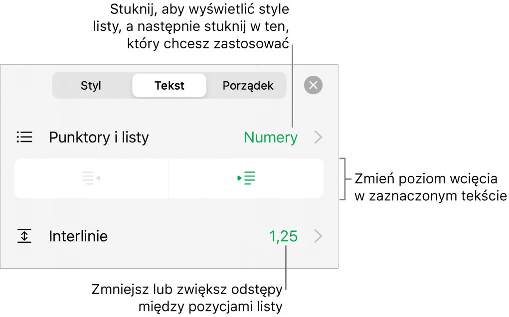 Narzędzia formatowania z opisem menu Punktory i listy oraz przycisków wcięcia i odstępów między wierszami.