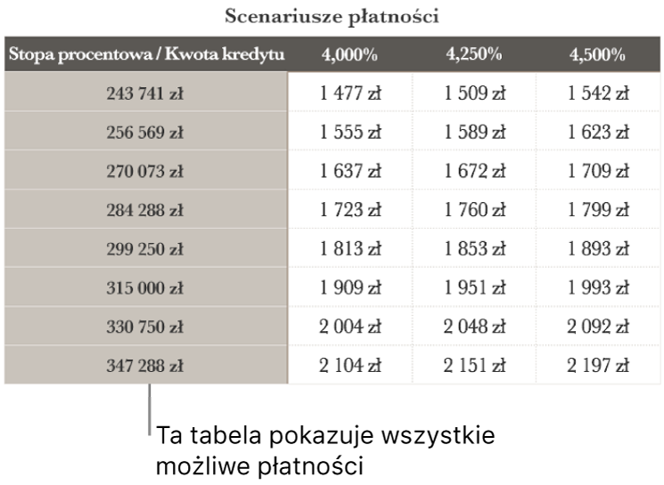 Tabela kredytu hipotecznego przed filtrowaniem w celu wyświetlenia przystępnych rat.