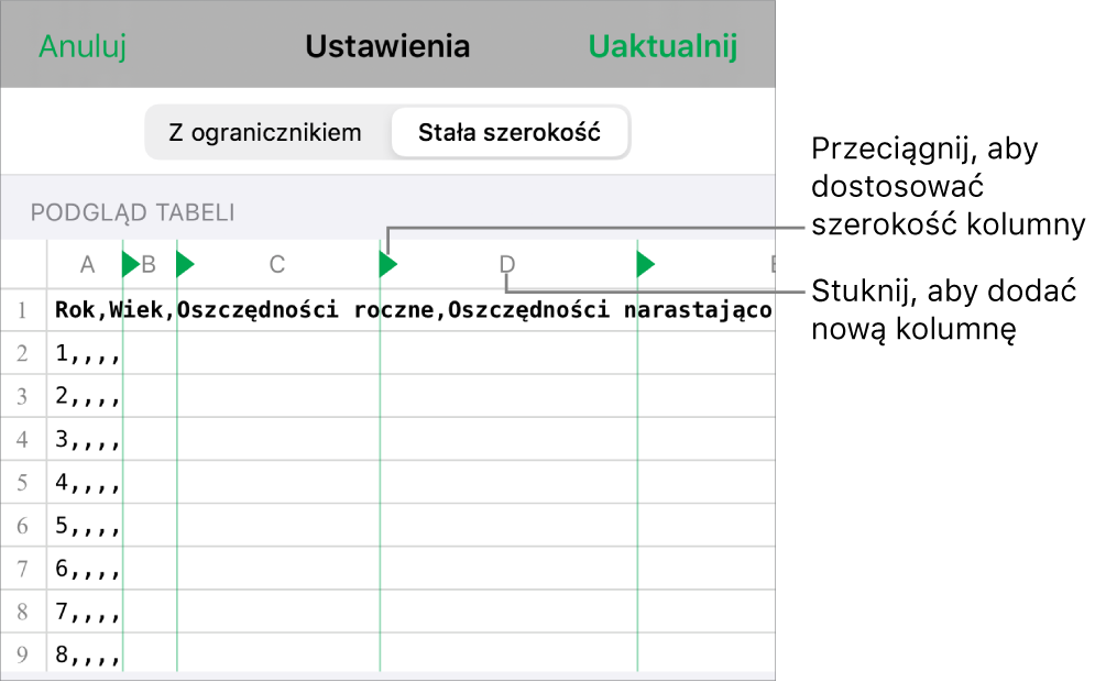 Ustawienia importowania pliku tekstowego o stałej szerokości.