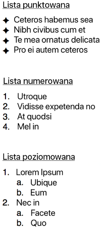 Przykłady listy wypunktowanej, numerowanej i numerowanej hierarchicznej.