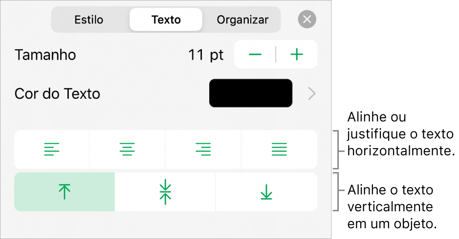 Seção Layout do inspetor Formatar com balões explicativos para os botões de alinhamento de texto e de espaçamento.