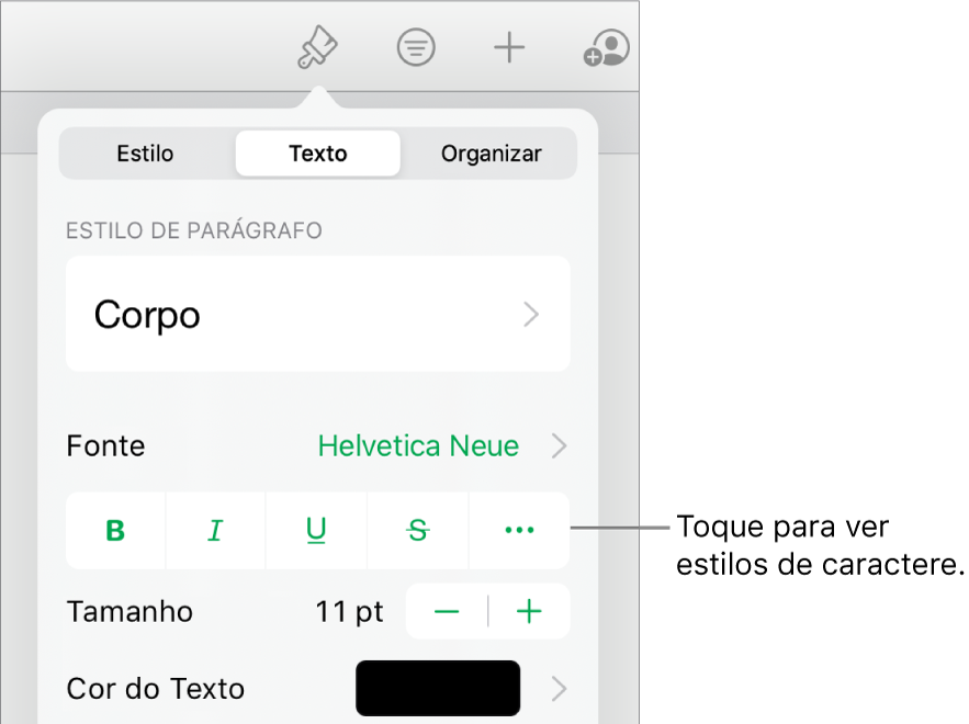 Controles Formatar com estilos de parágrafo na parte superior, seguidos dos controles de Fonte. Abaixo de Fonte estão os botões Negrito, Itálico, Sublinhado, Tachado e “Mais opções de texto”.