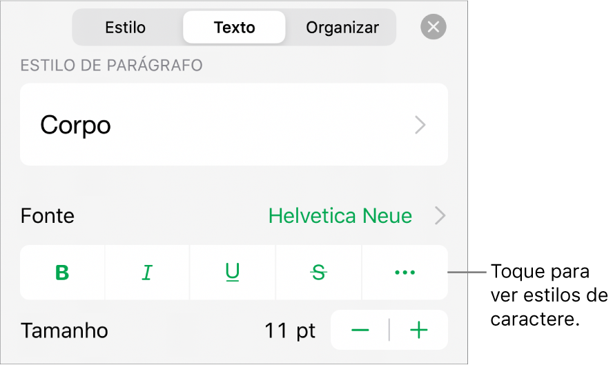 Controles Formatar com estilos de parágrafo na parte superior, seguidos dos controles de Fonte. Abaixo de Fonte estão os botões Negrito, Itálico, Sublinhado, Tachado e “Mais opções de texto”.