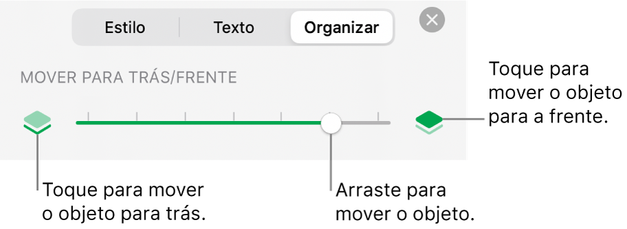 Botão Mover para Trás, botão Mover para a Frente e controle deslizante de camada