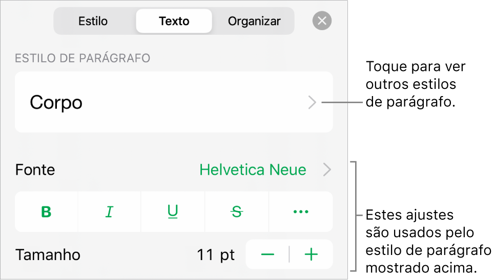 O menu Formatar, mostrando controles de texto para definir estilo, fonte, tamanho e cor de caractere e parágrafo.