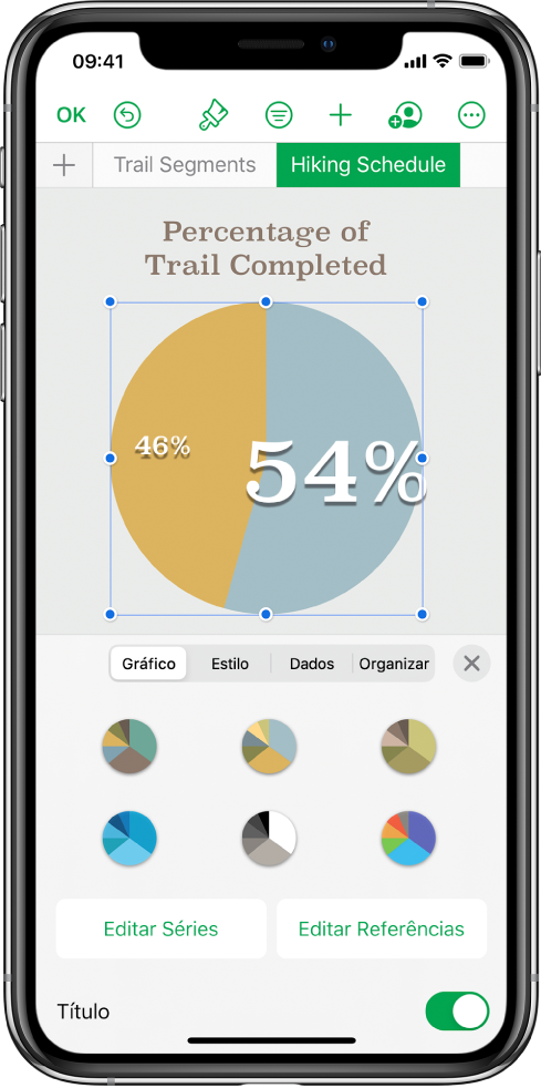 Gráfico de pizza mostrando porcentagens de trilhas concluídas. O menu Formatar também está aberto, mostrando diversos estilos de gráficos dentre os quais escolher, além de opções para editar as referências de série ou gráfico e ativar ou desativar o título do gráfico.