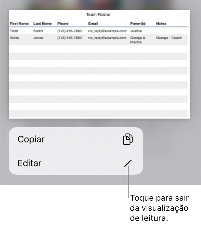 Uma tabela está selecionada e abaixo dela está um menu com os botões Copiar e Editar.