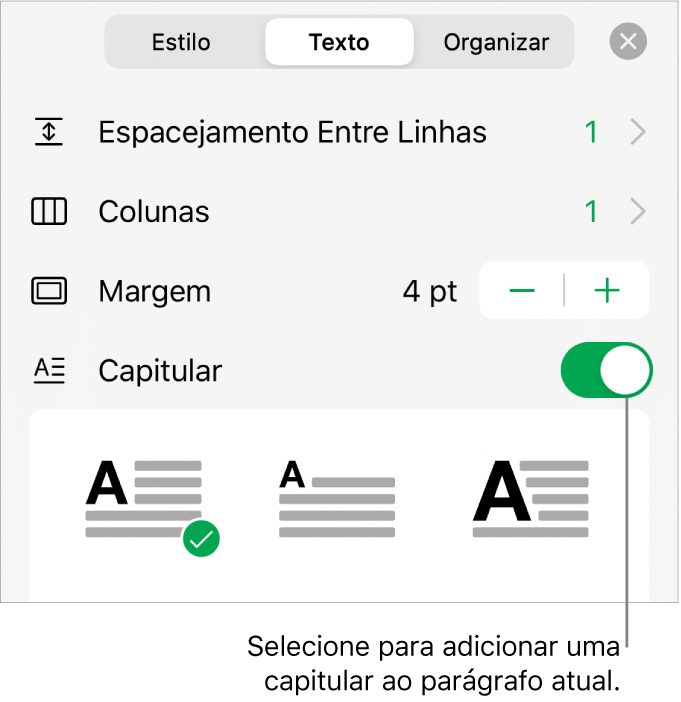 Controles Capitular localizados na parte inferior do menu Texto.