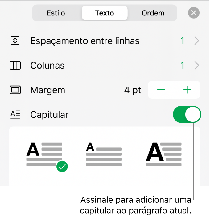 Os controlos de capitular localizados na parte inferior do menu Texto.