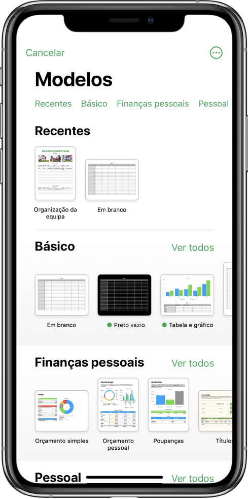 A lista de modelos com uma linha de categorias visível na parte superior, na qual é possível tocar para filtrar as opções. Por baixo estão visíveis miniaturas de modelos preconcebidos organizados em linhas por categoria, que começam por Recentes na parte superior e Básico e “Finanças pessoais” posteriormente. Surge um botão “Ver tudo” por cima e à direita de cada linha da categoria. O botão “Idioma e região” no canto superior direito.