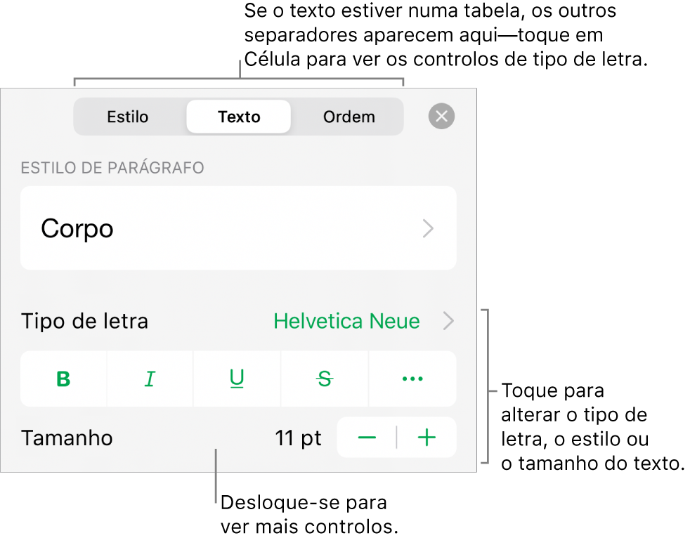 Controlos de texto no menu Formatação para definir estilos de parágrafo e carácter, tipo de letra, tamanho e cor.