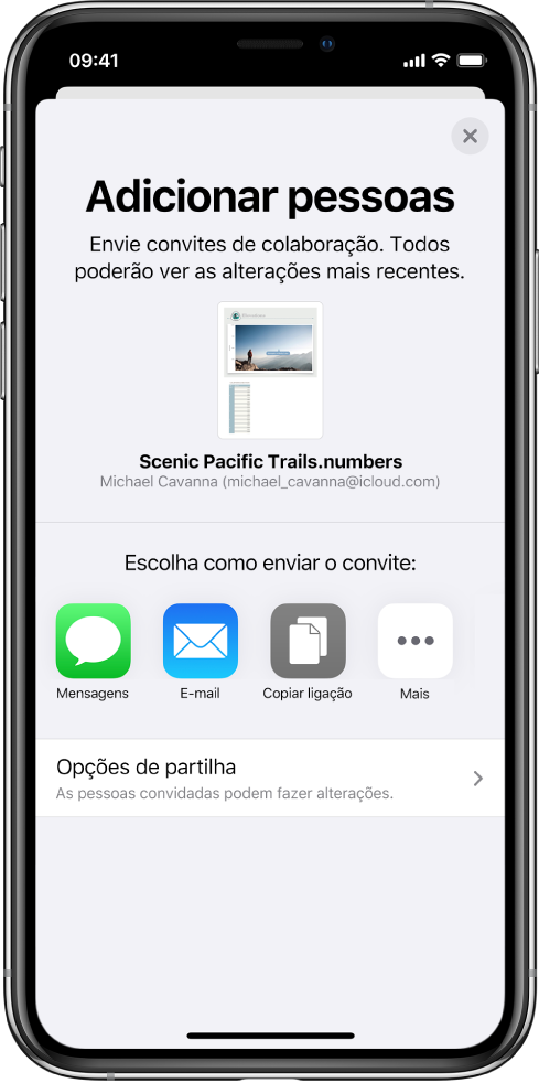 O ecrã “Adicionar pessoas” a mostrar uma imagem da folha de cálculo a ser partilhada. Por baixo encontram botões para formas de enviar o convite, incluindo Mensagens e Mail, “Copiar hiperligação” e Mais. Na parte inferior encontra-se o botão “Opções de partilha”.