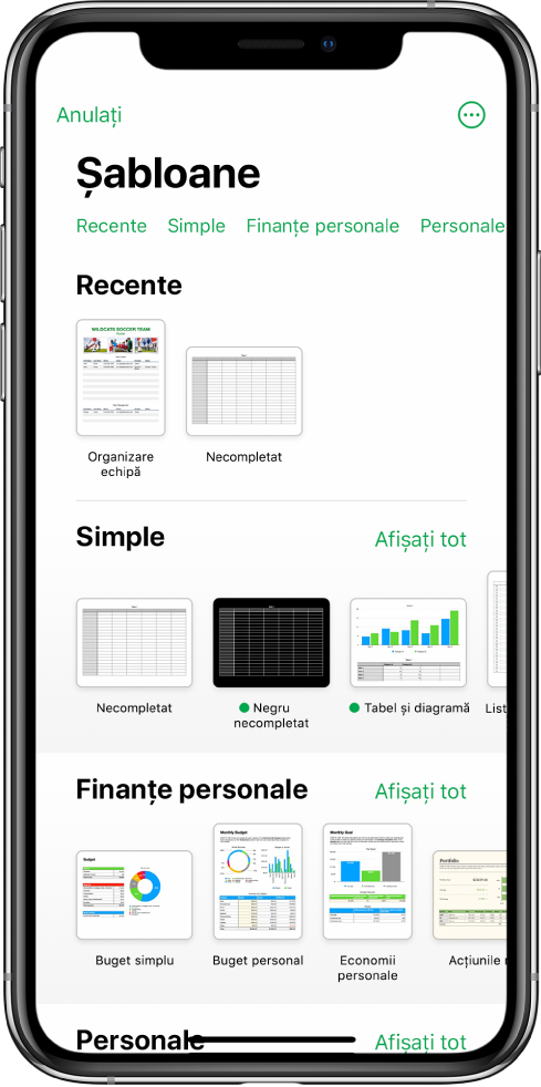 Selectorul de șabloane afișând un rând de categorii de-a lungul părții de sus, pe care puteți apăsa pentru a filtra opțiunile. Mai jos sunt miniaturile șabloanelor predefinite aranjate pe rânduri după categorie, începând cu Recente în partea de sus și urmate de Simple și de Finanțe personale. Un buton Afișează tot apare deasupra și în dreapta rândului fiecărei categorii. Butonul Limbă și regiune este în colțul din dreapta sus.