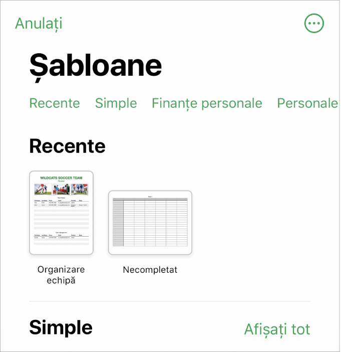 Selectorul de șabloane afișând un rând de categorii de-a lungul părții de sus, pe care puteți apăsa pentru a filtra opțiunile. Mai jos sunt miniaturile șabloanelor predefinite aranjate pe rânduri după categorie, începând cu Recente în partea de sus și urmate de Simple. Un buton Afișează tot apare deasupra și în dreapta rândului fiecărei categorii. Butonul Limbă și regiune este în colțul din dreapta sus.
