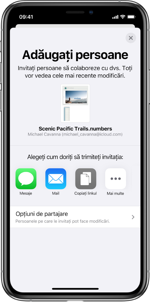 Ecranul de adăugare a persoanelor afișând o imagine a foii de calcul de partajat. Dedesubt se află butoane pentru metodele de trimitere a invitației, inclusiv Mesaje și Mail, Copiați linkul și Altele. În partea de jos se află butonul Opțiuni de partajare.