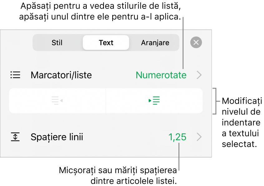 Comenzile Format cu explicații pentru meniul Marcatori și liste, butoane de indentare și comenzi pentru spațierea liniilor.
