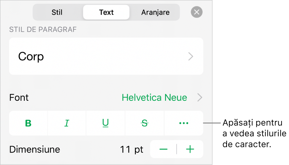 Comenzile Format cu stilurile de paragraf în partea de sus, apoi comenzile Font. Sub Font se află butoanele Aldin, Cursiv, Subliniat, Tăiat cu o linie și Alte opțiuni de text.