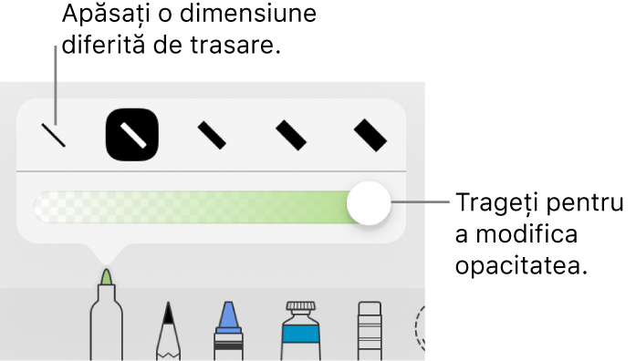 Comenzile pentru alegerea unei dimensiuni de trasare și un glisor pentru ajustarea opacității.