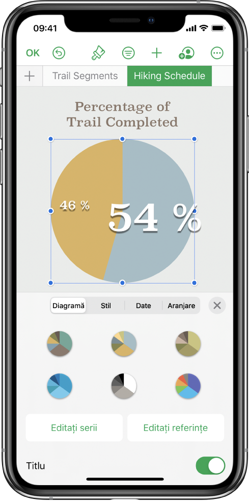O diagramă disc afișând procentajul traseelor finalizate. Meniul Format este și el deschis, prezentând diferite stiluri de diagramă din care să puteți alege, cât și opțiunile de editare a seriilor sau referințelor din diagramă și activarea sau dezactivarea titlului diagramei.