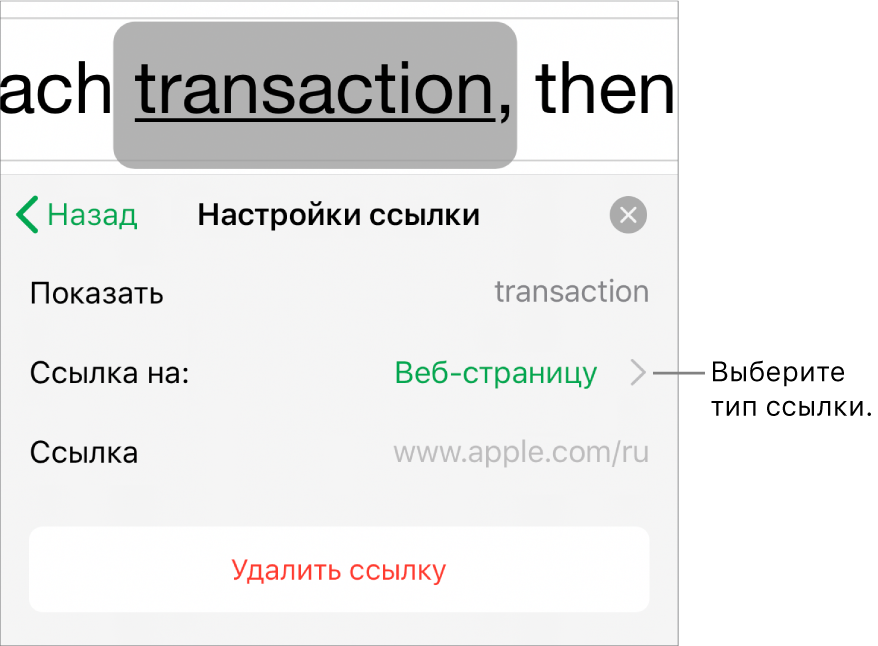 Элементы управления «Настройки ссылки» с полями «Показывать», «Ссылка на» (выбран вариант «Веб-страницу») и «Ссылка». Внизу находится кнопка «Удалить ссылку».