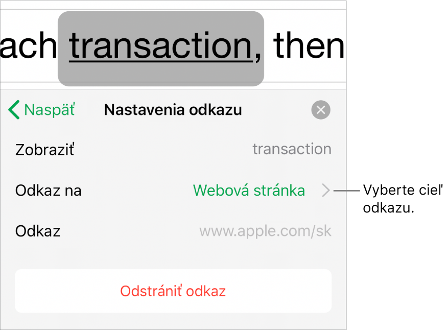 Ovládacie prvky Nastavenia odkazu s poľami Zobraziť, Odkaz na (nastavené na webovú stránku) a Odkaz. Tlačidlo Odstrániť odkaz je v spodnej časti.