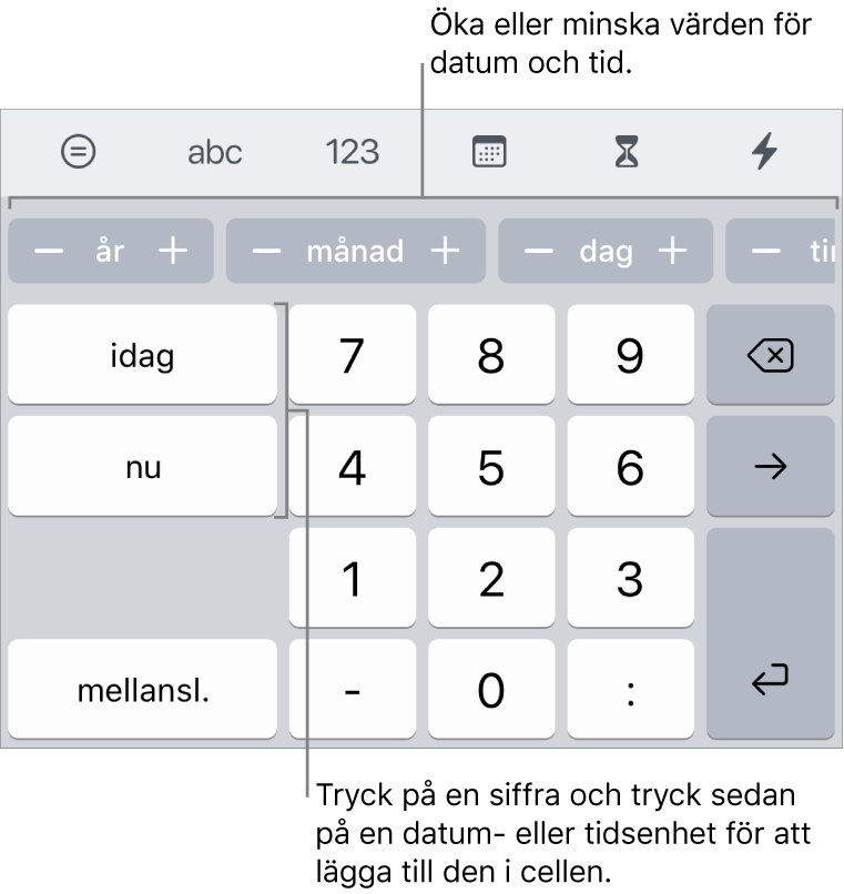 Tangentbordet för datum och tid. En rad med knappar överst visar tidsenheter (månad, dag och år) och du kan använda dem till att stegvis öka eller minska det värde som visas i cellen. Det finns tangenter till vänster för idag, nu och fm/em samt siffertangenter i mitten av tangentbordet.
