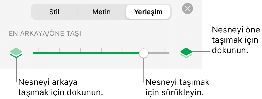 Geri Taşıma düğmesi, İleri Taşıma düğmesi ve katmanlama sürgüsü.