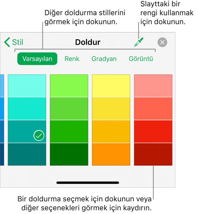 Biçim düğmesinin Stil sekmesindeki Doldur seçenekleri.