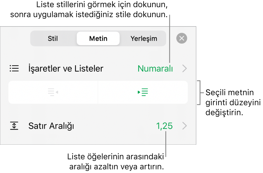 İşaret/Listeler menüsüne, girinti düğmelerine ve satır aralığı denetimlerine belirtme çizgileri içeren Biçim denetimleri.