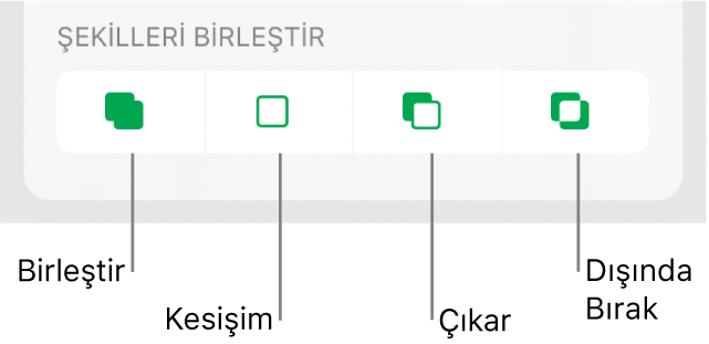 Şekilleri Birleştir’in altındaki Birleştir, Kesişim, Çıkar ve Hariç Tut düğmeleri.