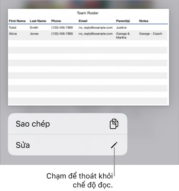 Một bảng được chọn và phía dưới bảng đó là menu với các nút Sao chép và Sửa.