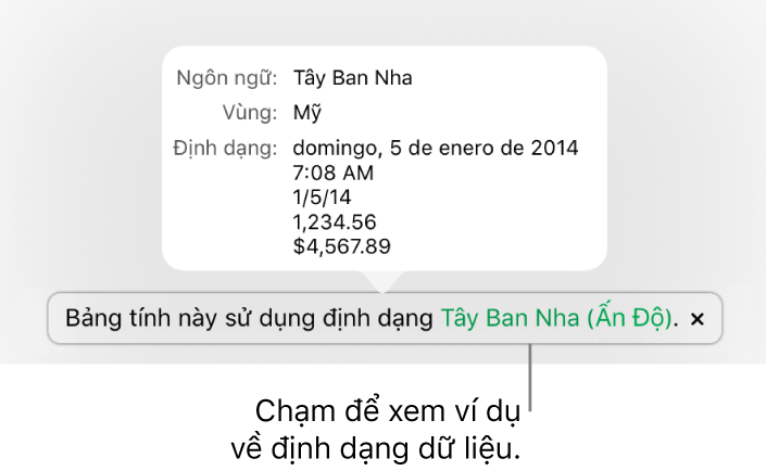 Thông báo về cài đặt ngôn ngữ và vùng khác, đang hiển thị các ví dụ về định dạng trong ngôn ngữ và vùng đó.