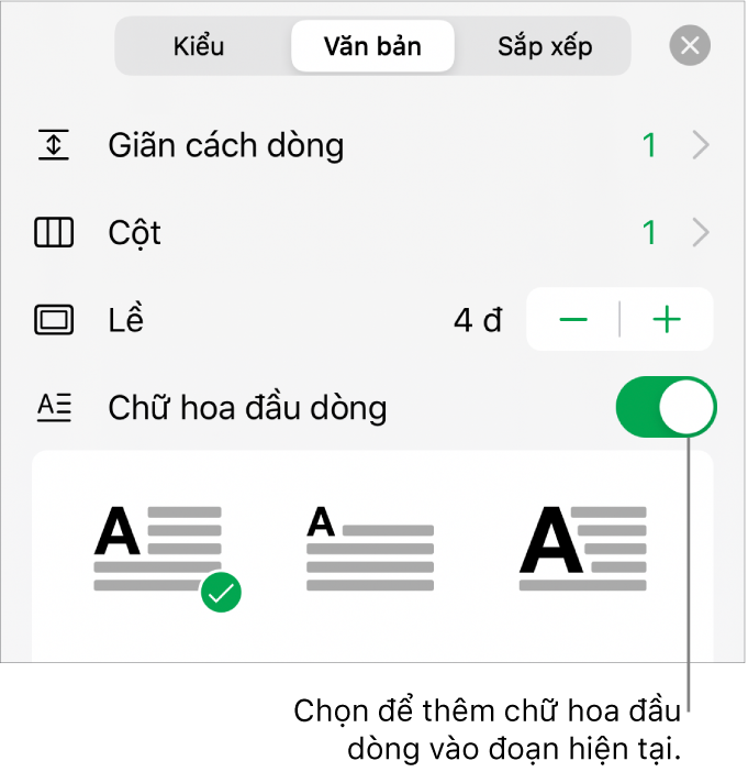 Các điều khiển Chữ hoa đầu dòng nằm ở cuối menu Văn bản.